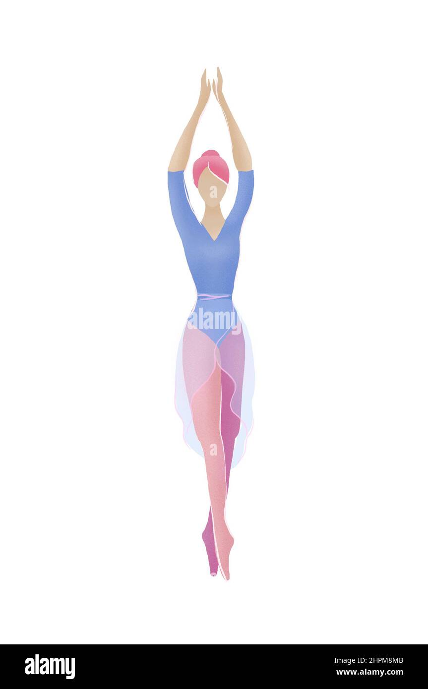 Illustration of one woman ballet dancer in releve pose fifth position