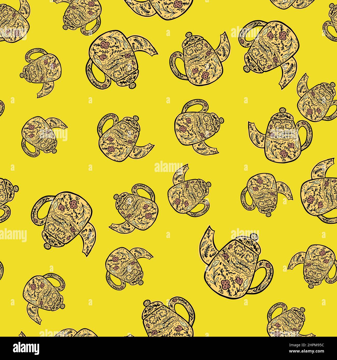 Vintage teapots seamless pattern. Background of teatime in hand drawn