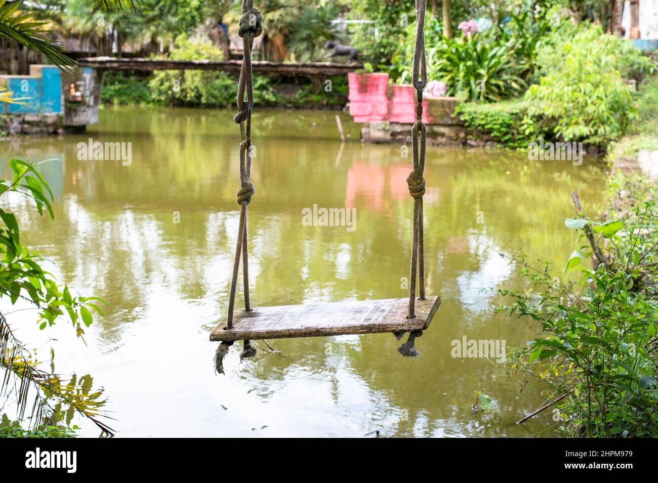 Rope swing next to a lake, concept of tranquility Stock Photo Alamy