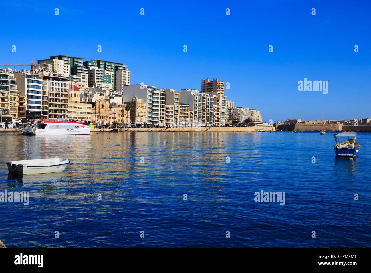 Looking across Sliema Creek towards the hotels at Sliema. Valletta, Malta Stock Photo