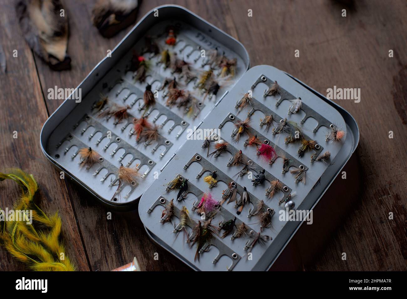 fishing fly storage box and tying materials Stock Photo Alamy