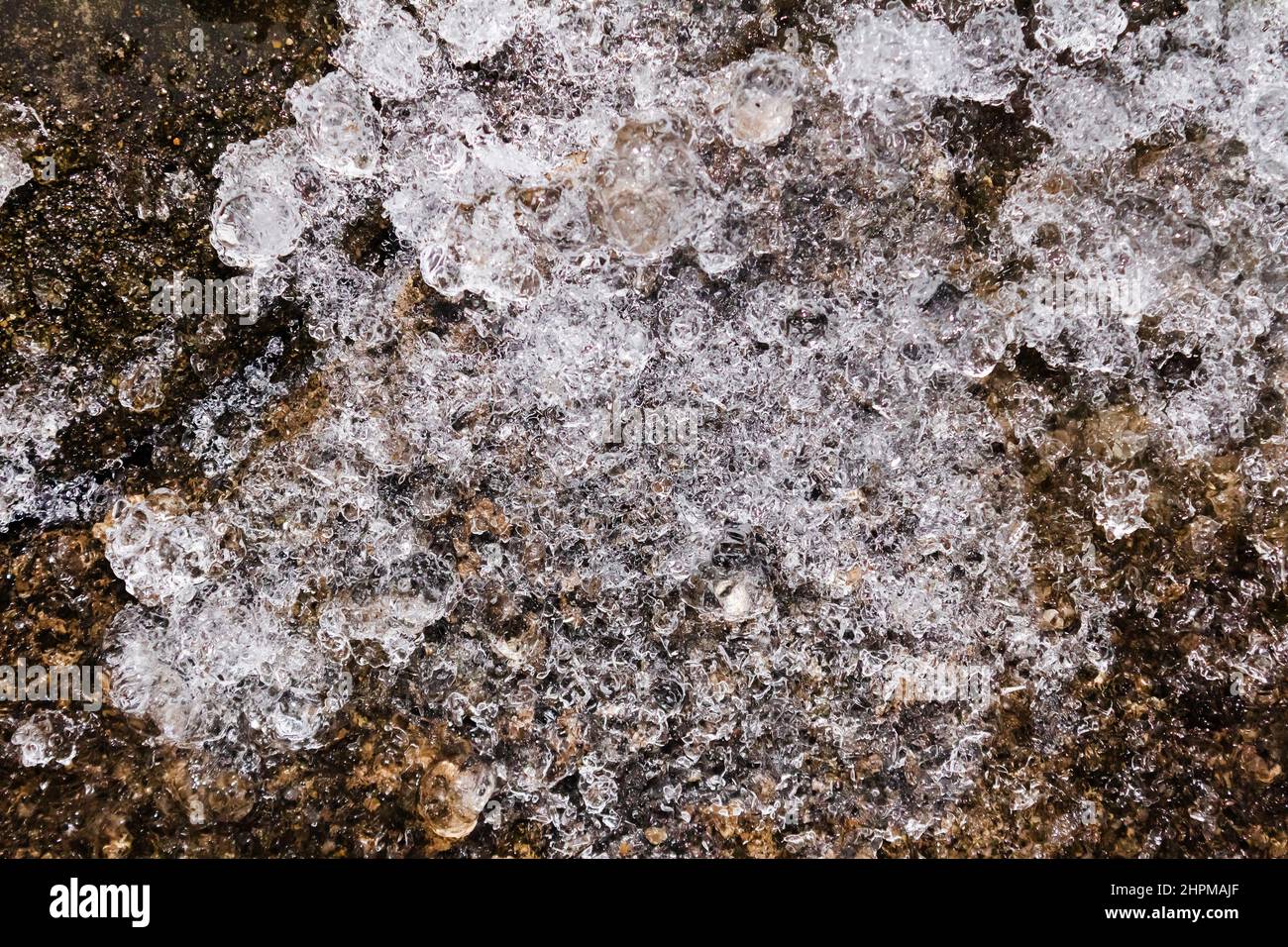 Close up photo of frozen ground surface texture background Stock Photo