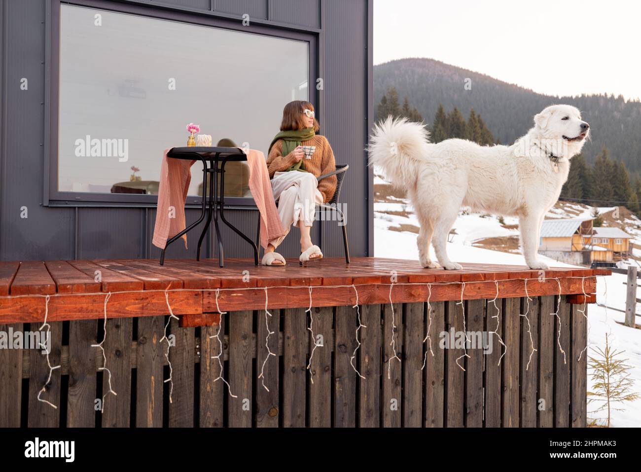 Woman with her dog resting on terrace of tiny house on nature Stock ...