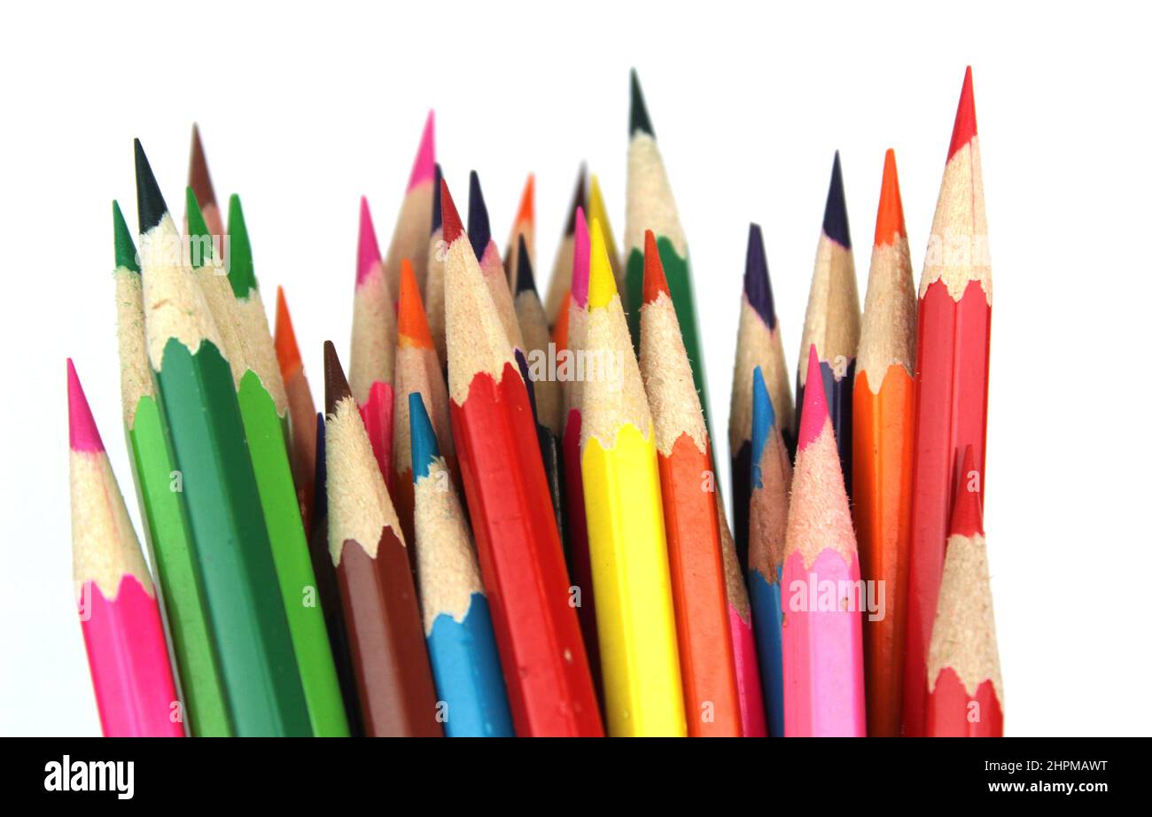 Coloured pencils, still life of artist materials Stock Photo - Alamy