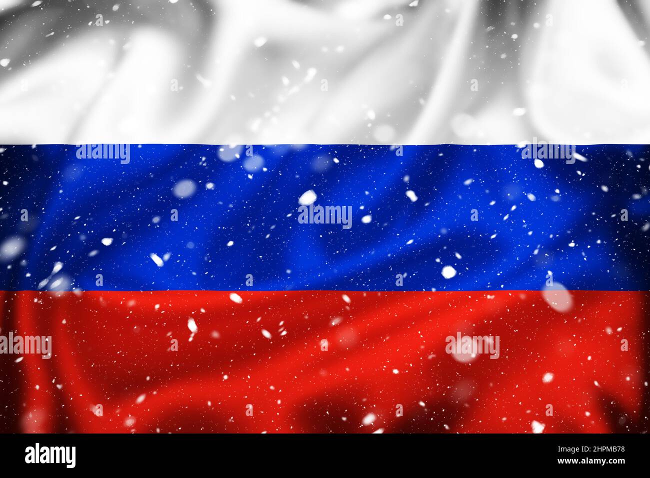 Russian Federation silk surface flag and snow layer, country symbol concept Stock Photo