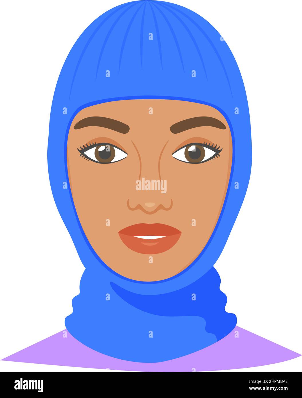 Black woman wearing balaclava helmet. Trendy worm headgear for cold weather. Facial mask for the whole head to wear under helmet in flat style. Vector Stock Vector