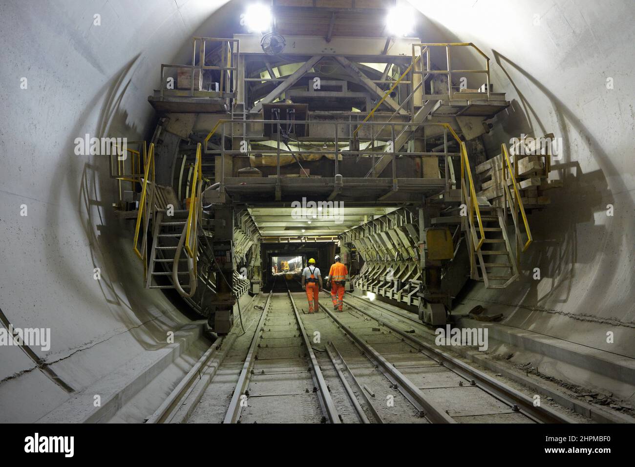 Finished tunnel section north the multi-functional point in the Gotthard basis tunnel in Sedrun, Switzerland. Stock Photo
