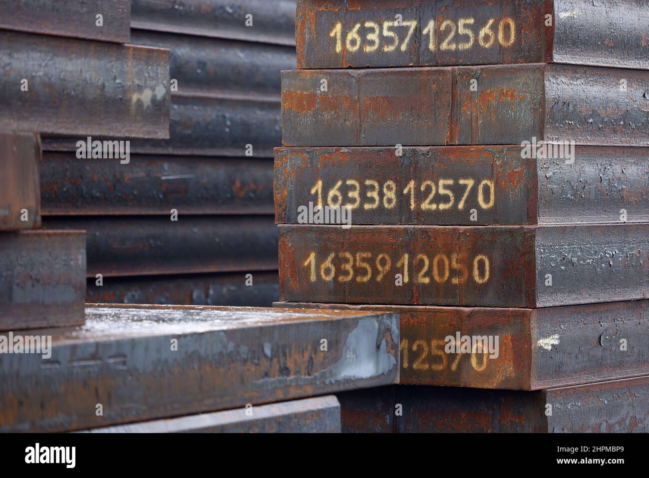 Duisburg, Germany. 22nd Feb, 2022. Steel slabs lie on the Thyssenkrupp plant site. German Economics Minister Habeck visited steel producer thyssenkrupp in North Rhine-Westphalia. Credit: Oliver Berg/dpa/Alamy Live News Stock Photo
