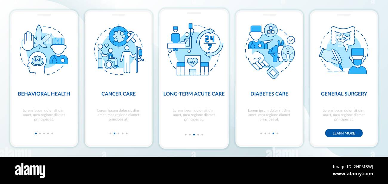 Types of medical services blue onboarding mobile app screen Stock ...