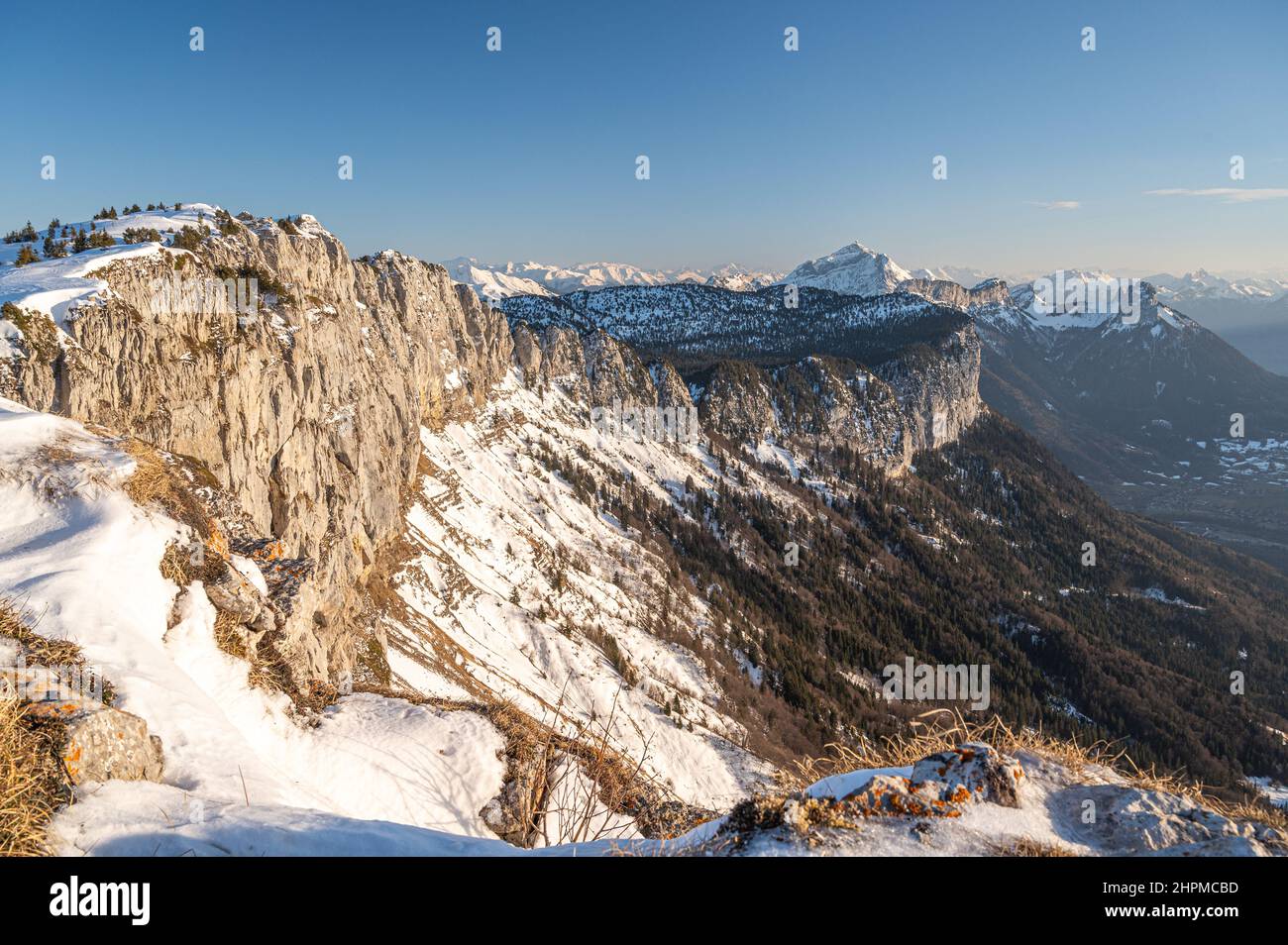 magnificent shot of mountains covered with snow. Parmelan, Aravis - Annecy lake, France Stock Photo