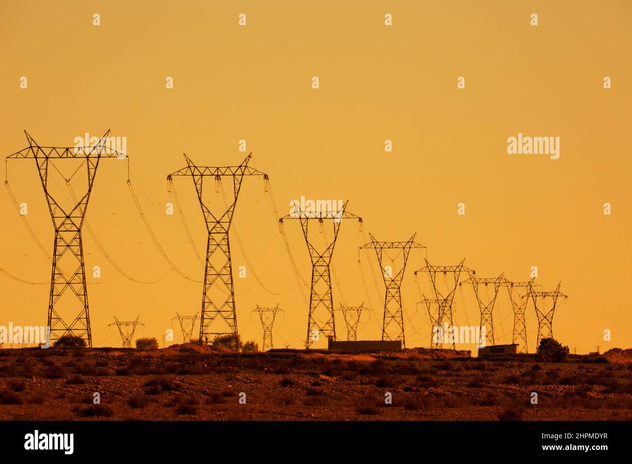 High voltage transmission towers, Andalusia, southern Spain. Stock Photo