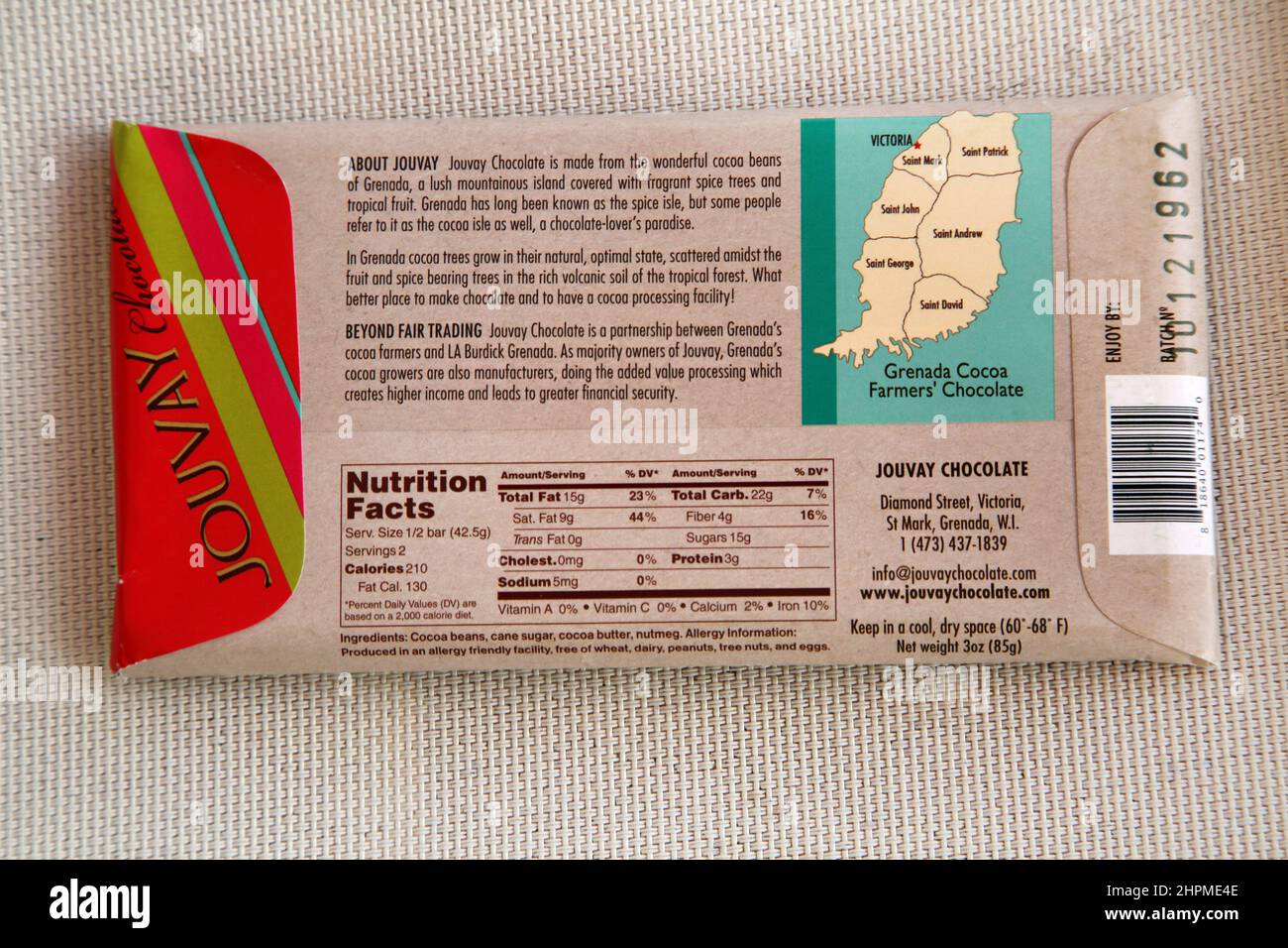 Jouvay Chocolate Bar from Grenada Showing Nutrition Information Stock Photo