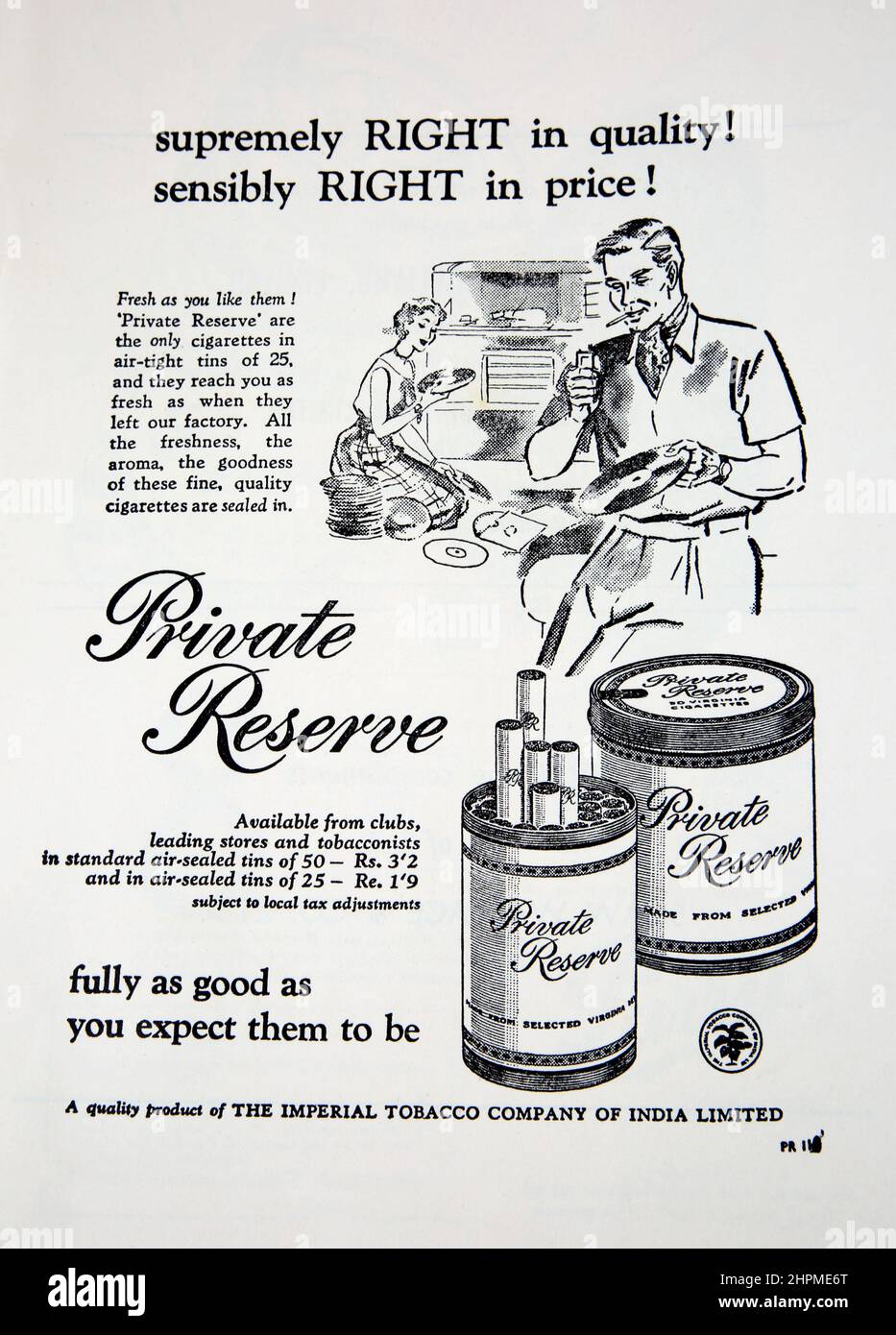 Vintage Advertisement for Private Reserve Cigarettes 1940's Stock Photo