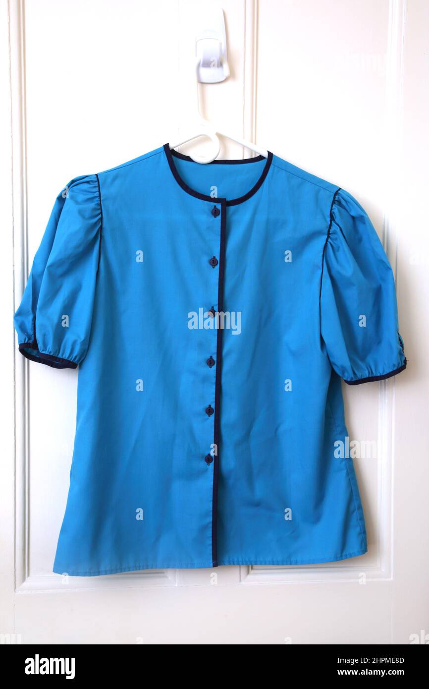 Blue Button Up Short Sleeved Blouse Stock Photo