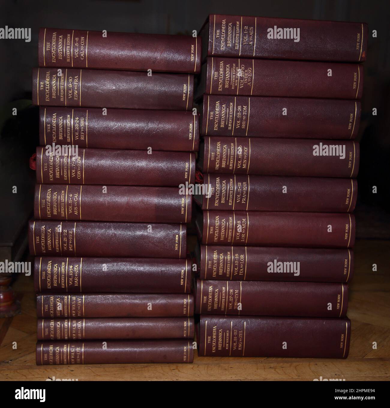 Volumes of Leather Bound Encyclopedia Britannica 11th Edition Series Stock Photo