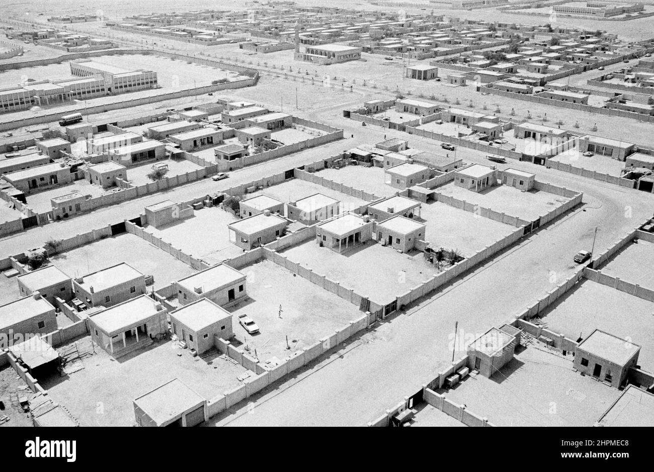 Black and White Of An Aerial view of Housing in the Desert  Qatar 1970's Stock Photo