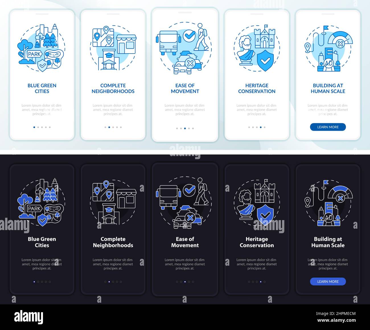 Urban design principles night and day mode onboarding mobile app screen ...
