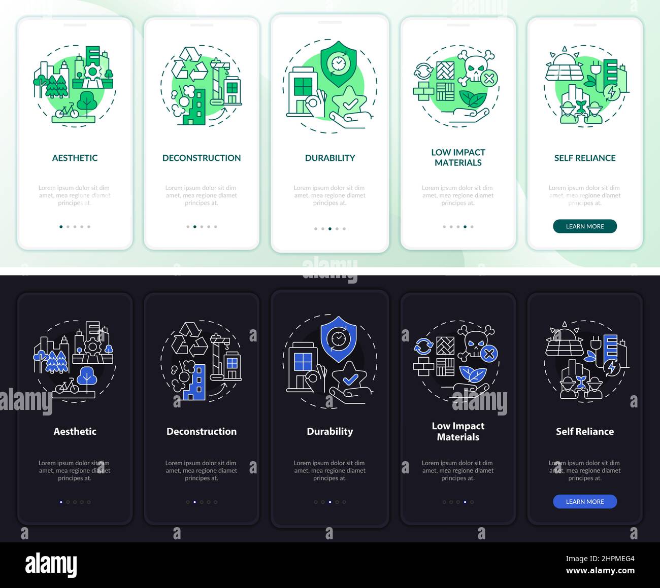Sustainable city design night and day mode onboarding mobile app screen ...