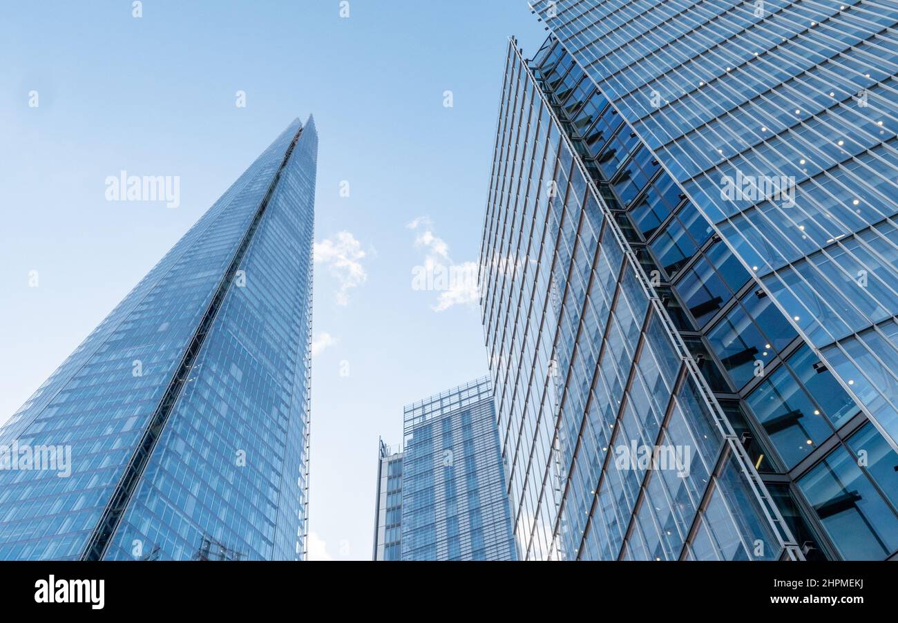 The Shard Quarter, London. A low, wide angle view of the modern glass and steel architecture and skyscrapers in London's growing business district. Stock Photo