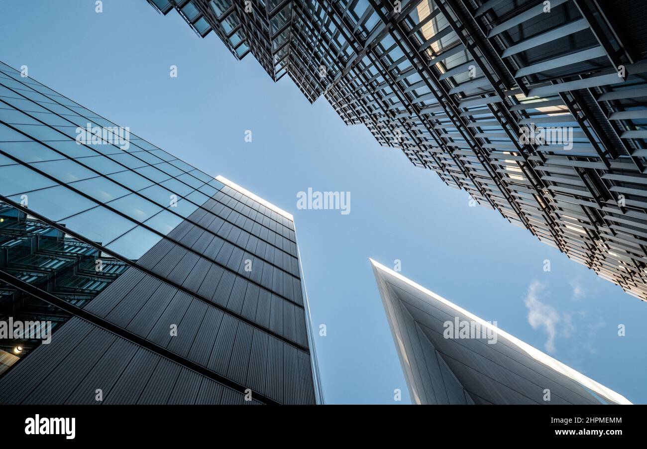 Business Skyscrapers. A low, wide angle view of the modern business architecture and skyscrapers in the More London district. Stock Photo