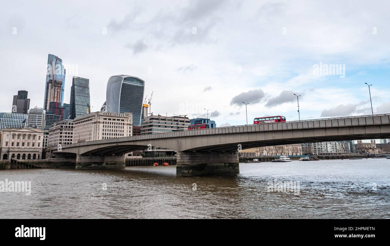 London Bridge and the River Thames, London. A view over the towards the skyscrapers of the financial City of London district. Stock Photo