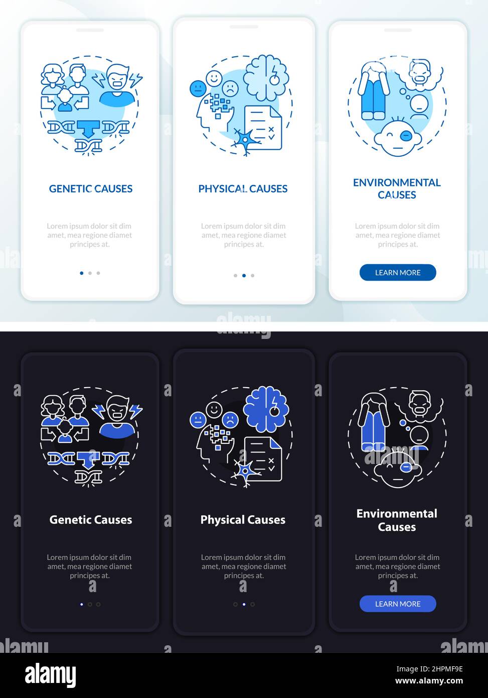 Conduct disorder causes night and day mode onboarding mobile app screen ...