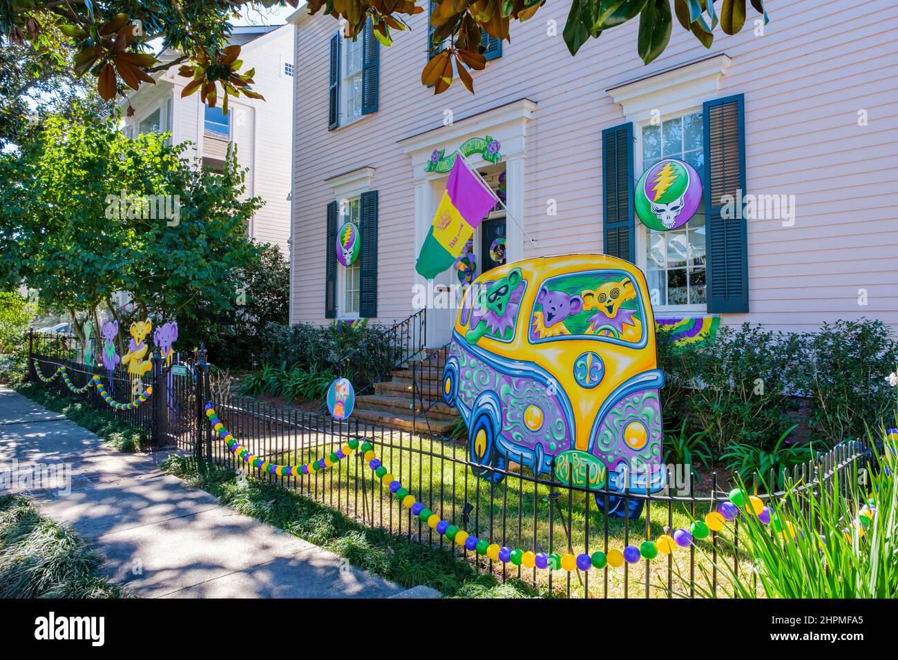 NEW ORLEANS, LA, USA FEBRUARY 19, 2022 House decorated for Mardi