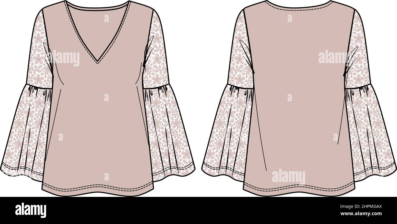 Woman V-neck blouse with flared long sleeves technical drawing, long bell sleeved top with lace details fashion CAD, sketch, flat. Jersey or woven fab Stock Vector