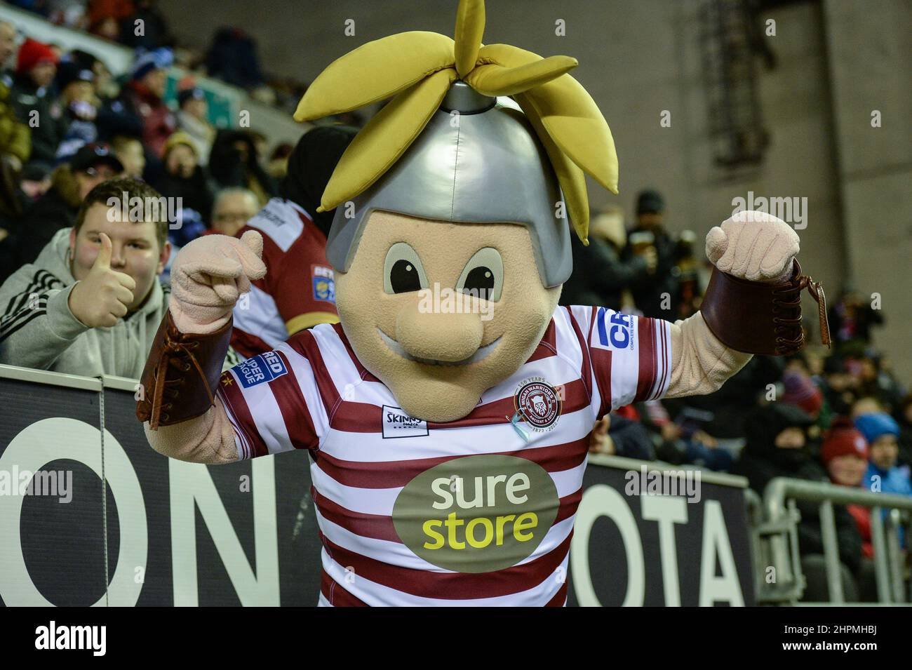 Wigan, England - 18 February 2022 - Wigan Warriors mascot before the Rugby League Betfred Super League Round 2 Wigan Warriors vs Leeds Rhinos at DW Stadium, Wigan, UK  Dean Williams Stock Photo