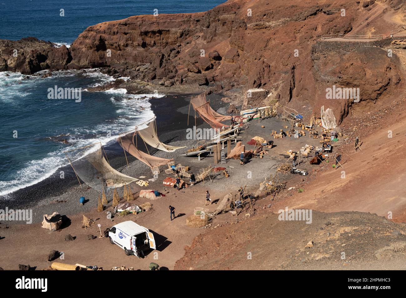 Film set on the beach at El Golfo, Timanfaya National Park, Lanzarote, Canary Islands. Stock Photo