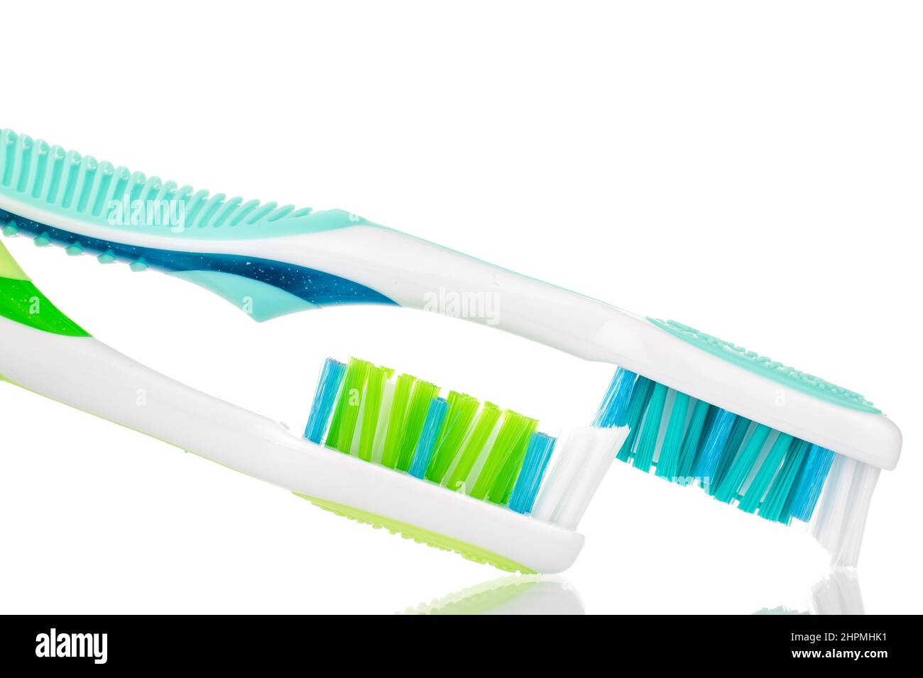 Two toothbrushes, macro, isolated on a white background Stock Photo - Alamy