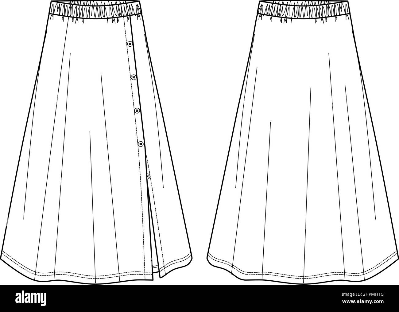 Vector wrapped skirt with buttons technical drawing, template, flat, sketch. Flared maxi skirt fashion CAD with waistband and buttons detail. Jersey o Stock Vector