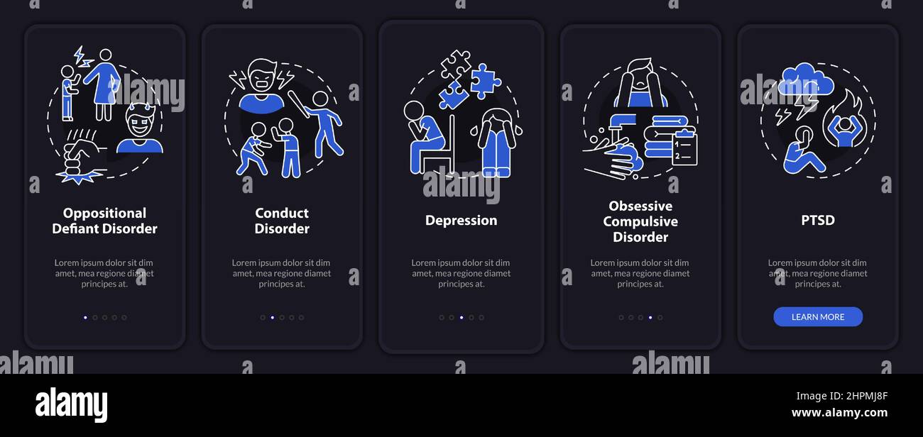 Mental illnesses in children night mode onboarding mobile app screen ...
