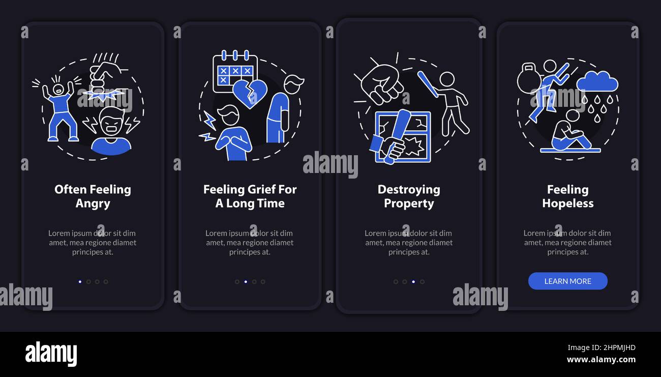 Teenage mental illness symptoms night mode onboarding mobile app screen ...