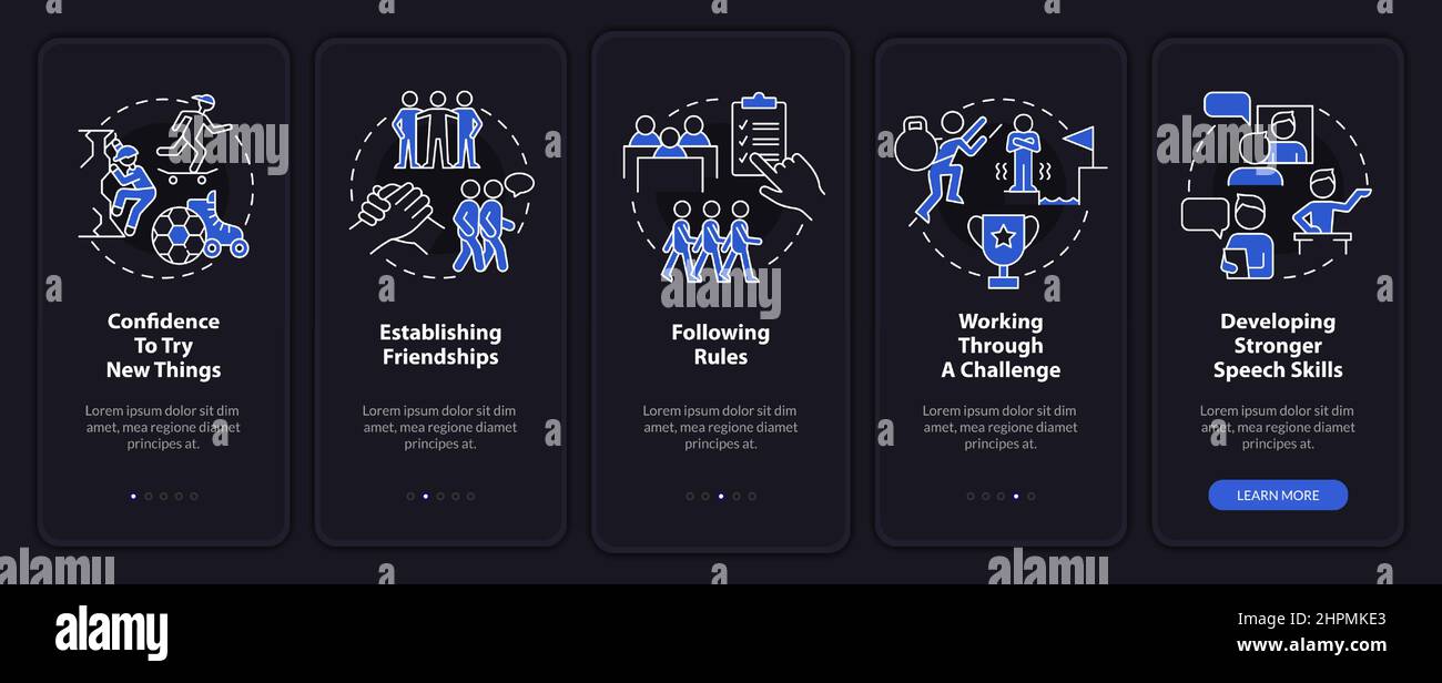 Healthy childhood development night mode onboarding mobile app screen ...