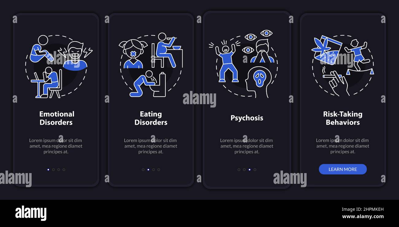 Common teen disorders night mode onboarding mobile app screen Stock ...
