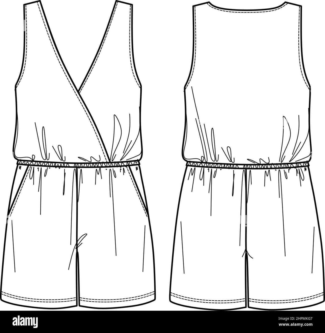 Vector woman wrap jumpsuit technical drawing, sleeveless jumpsuit with pockets and elasticized waistband fashion CAD, template, flat, sketch, mockup. Stock Vector