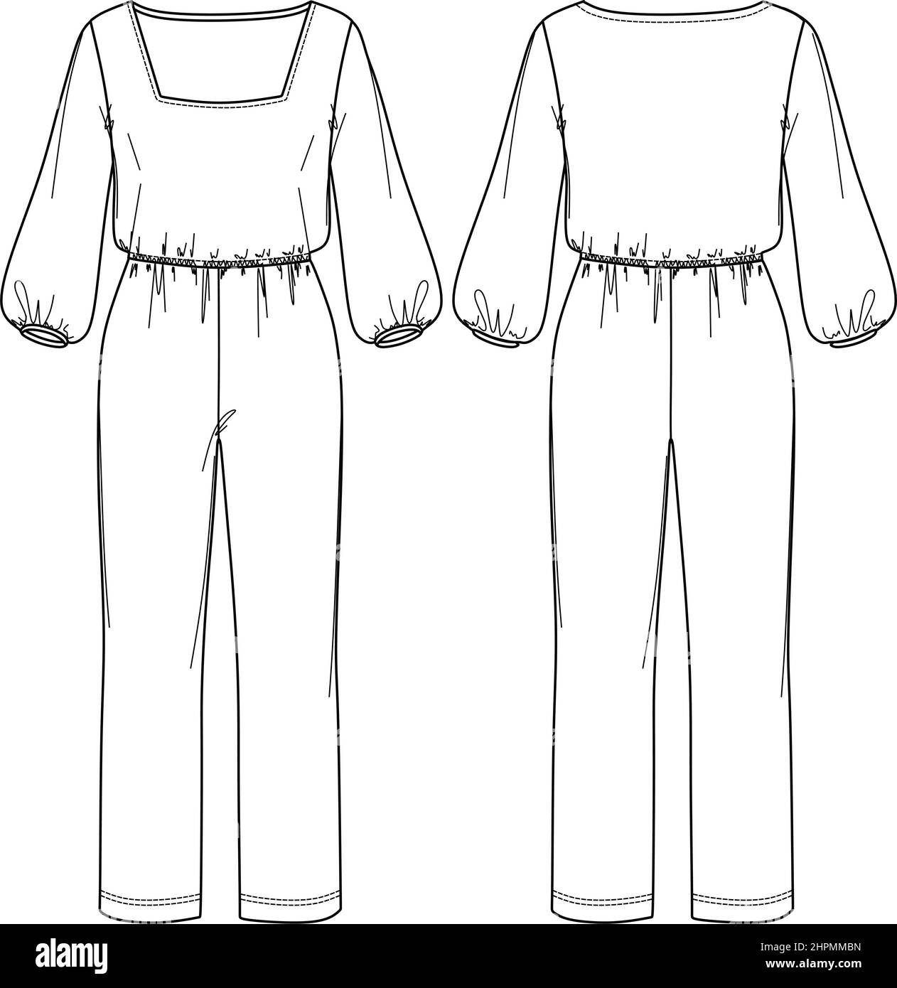 Vector woman square neck jumpsuit technical drawing, long sleeves