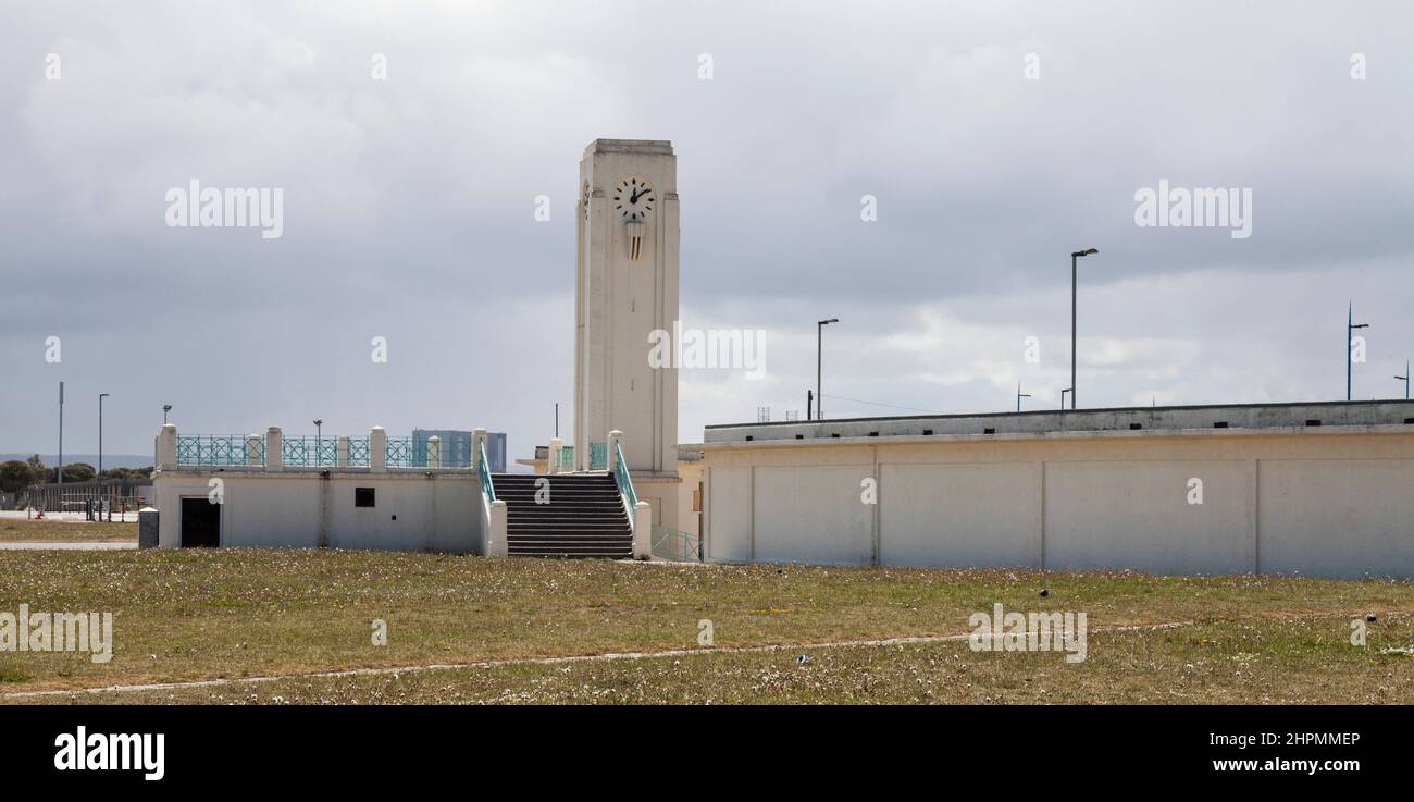 The art deco toilet block and bus station stand at The Front, Seaton Carew,Hartlepool,England,UK Stock Photo