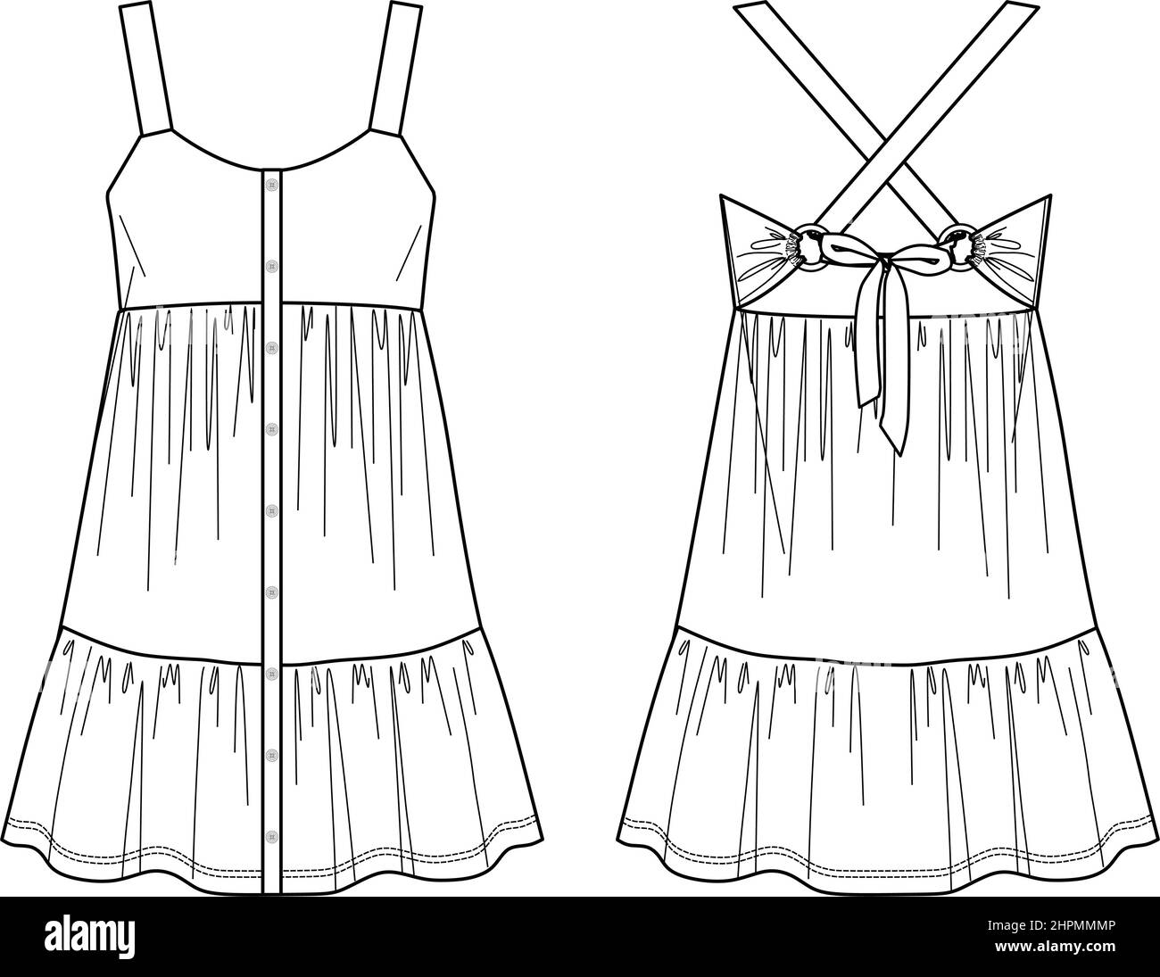Voluminous mini dress, tired dress with frills vector sketch, flared dress fashion CAD, technical drawing, flat, mock up, template. Jersey or woven fa Stock Vector