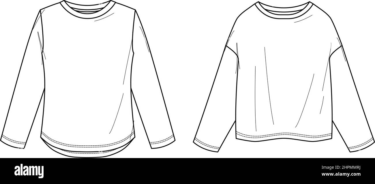 Vector long sleeved T-Shirt fashion CAD, woman round neck t-shirt technical drawing, basic top template, sketch, mock up.  Jersey or woven fabric top Stock Vector