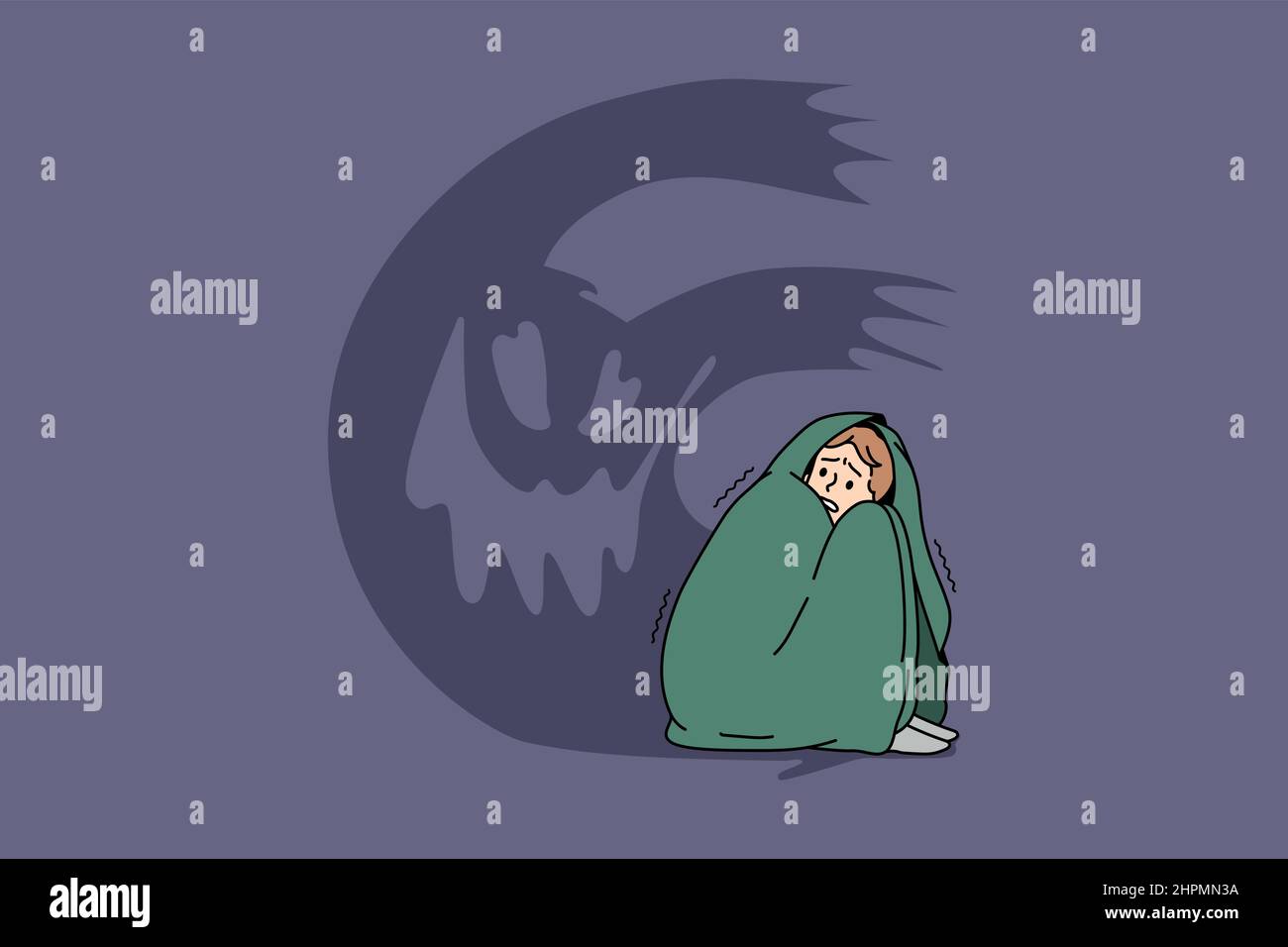 Fears panic and nightmare concept. Young stressed boy covered with blanket sitting on ground feeling ghost around panic and nervous problems vector illustration  Stock Vector