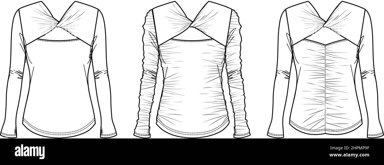 Vector V-neck long sleeved top fashion CAD, woman winter t shirt with knot technical drawing, top with frill and cut-out detail flat, template, sketch Stock Vector