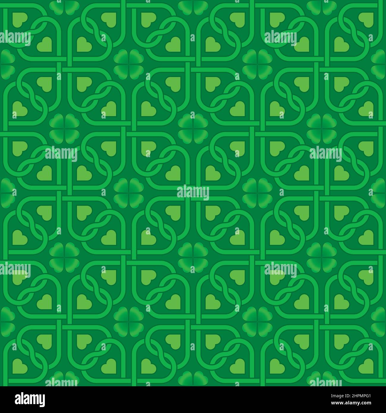 St. Patricks Day seamless vector pattern. Clover, Heart and Celtic Knot Tileable Background in Green color. Stock Vector