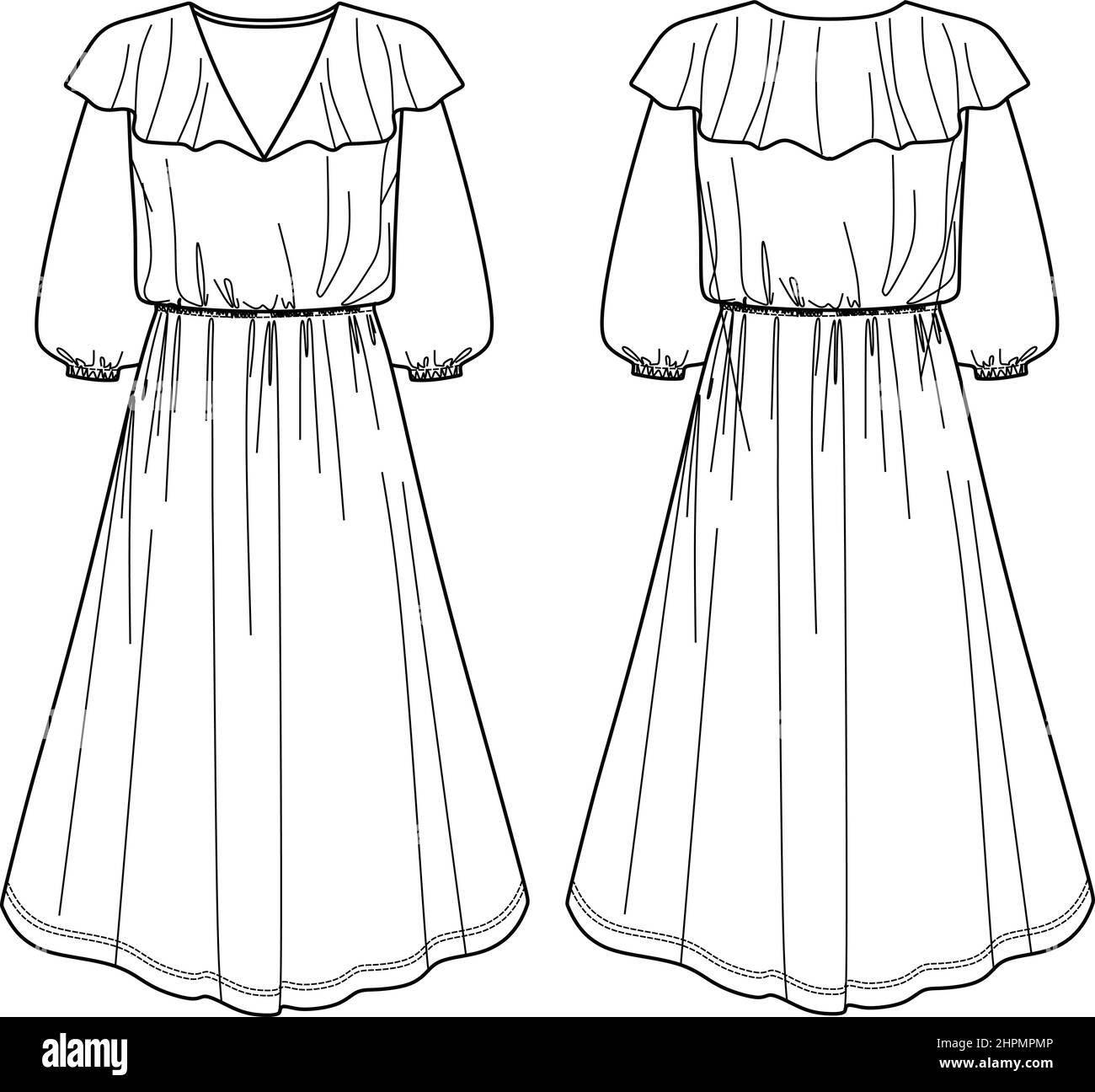 maxi dress flat sketch Vector maxi dress technical drawing, one shoulder woman dress with slit in front fashion CAD, sketch, template, flat. Jersey or woven fabric special o Stock Vector Image & Art