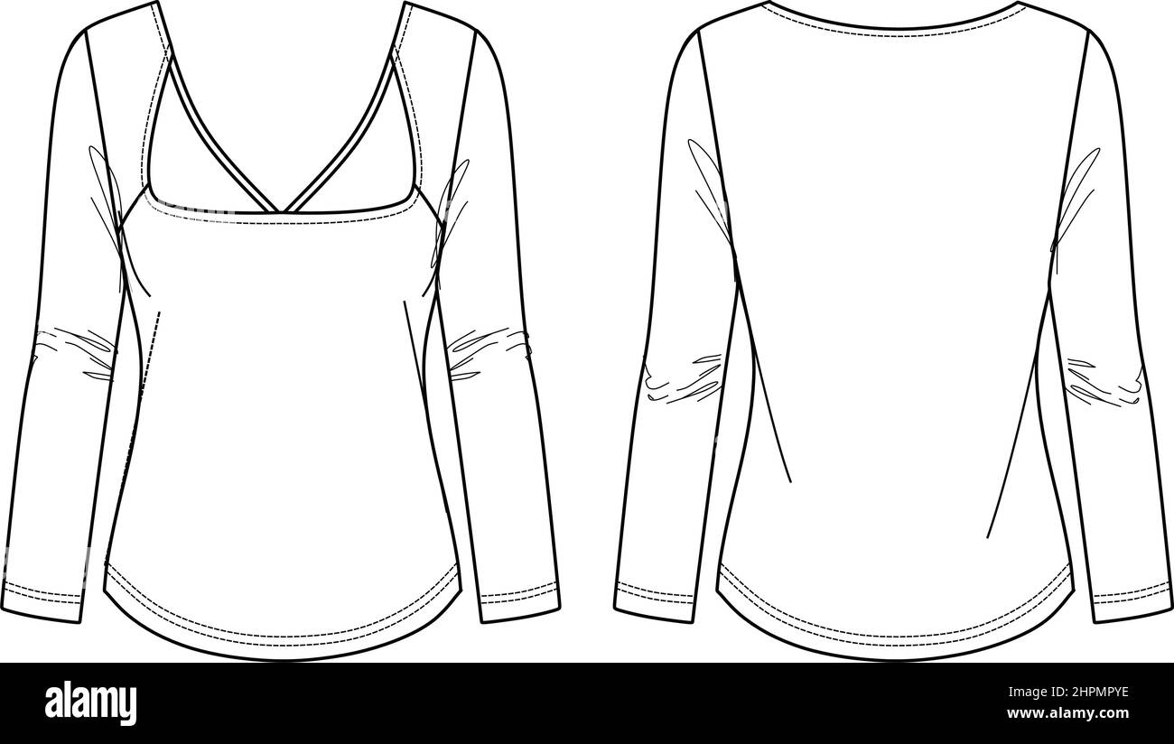 Vector square neck long sleeved top fashion CAD, woman winter t shirt technical drawing, top with cut-out detail flat, template, sketch, mock up. Jers Stock Vector