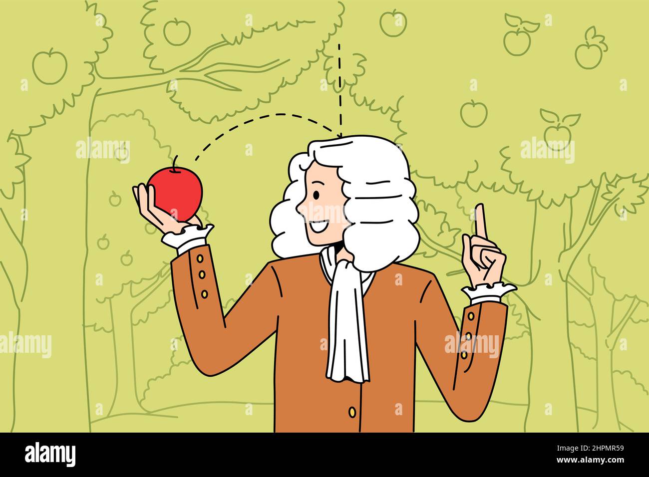 Science and physical experience concept. Sir Isaac Newton scientist standing and exploring gravity with red fallen apple in hands vector illustration  Stock Vector
