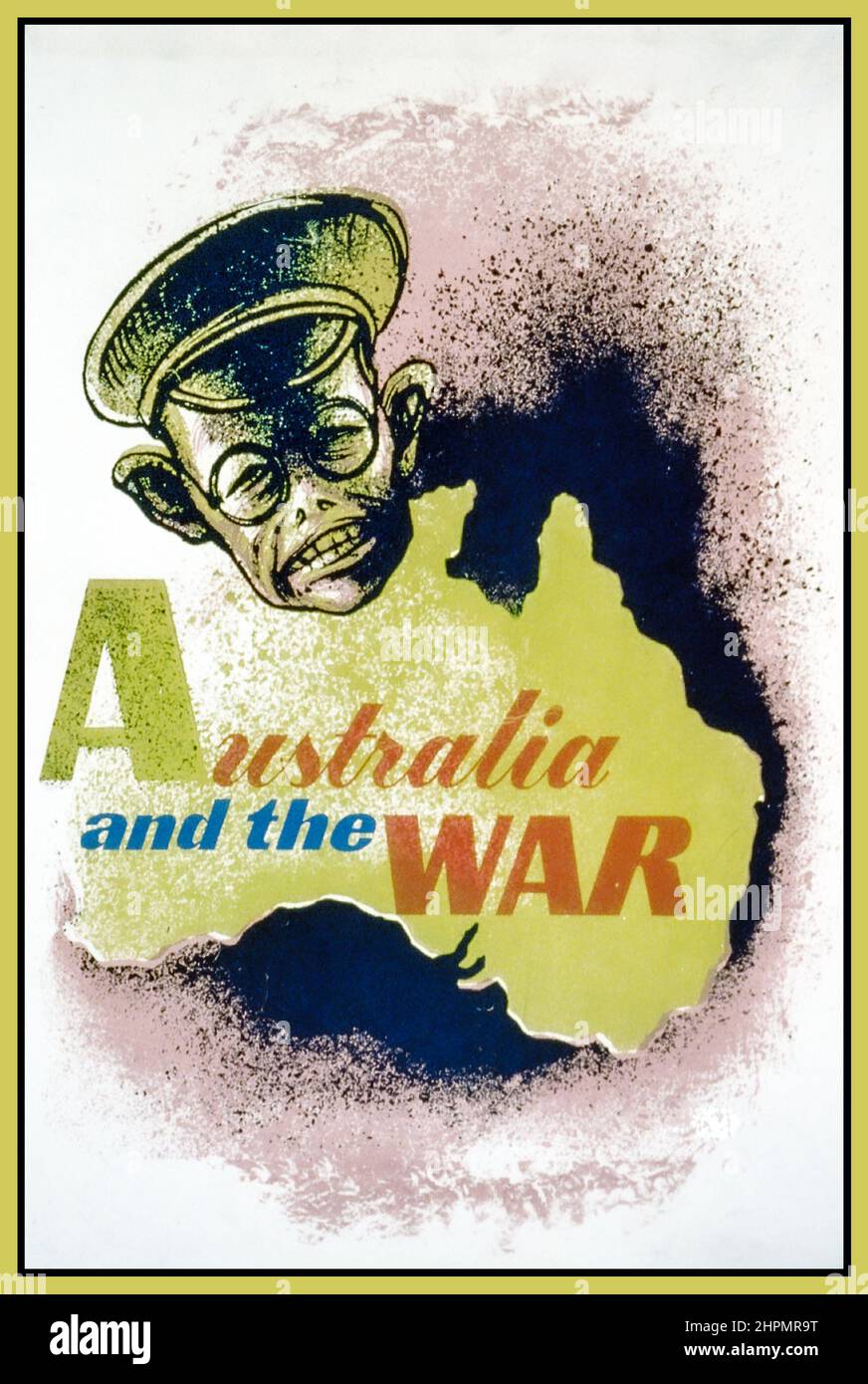 WW2 Propaganda Poster 1942 for 'Australia and the War' serving as a reminder of the dangers of Japan and the Pacific War with a stereotype Japanese face in the likeness of Hideki Tojo General of the Imperial Japanese Army (executed for heinous war cimes against humanity in 1948) Stock Photo