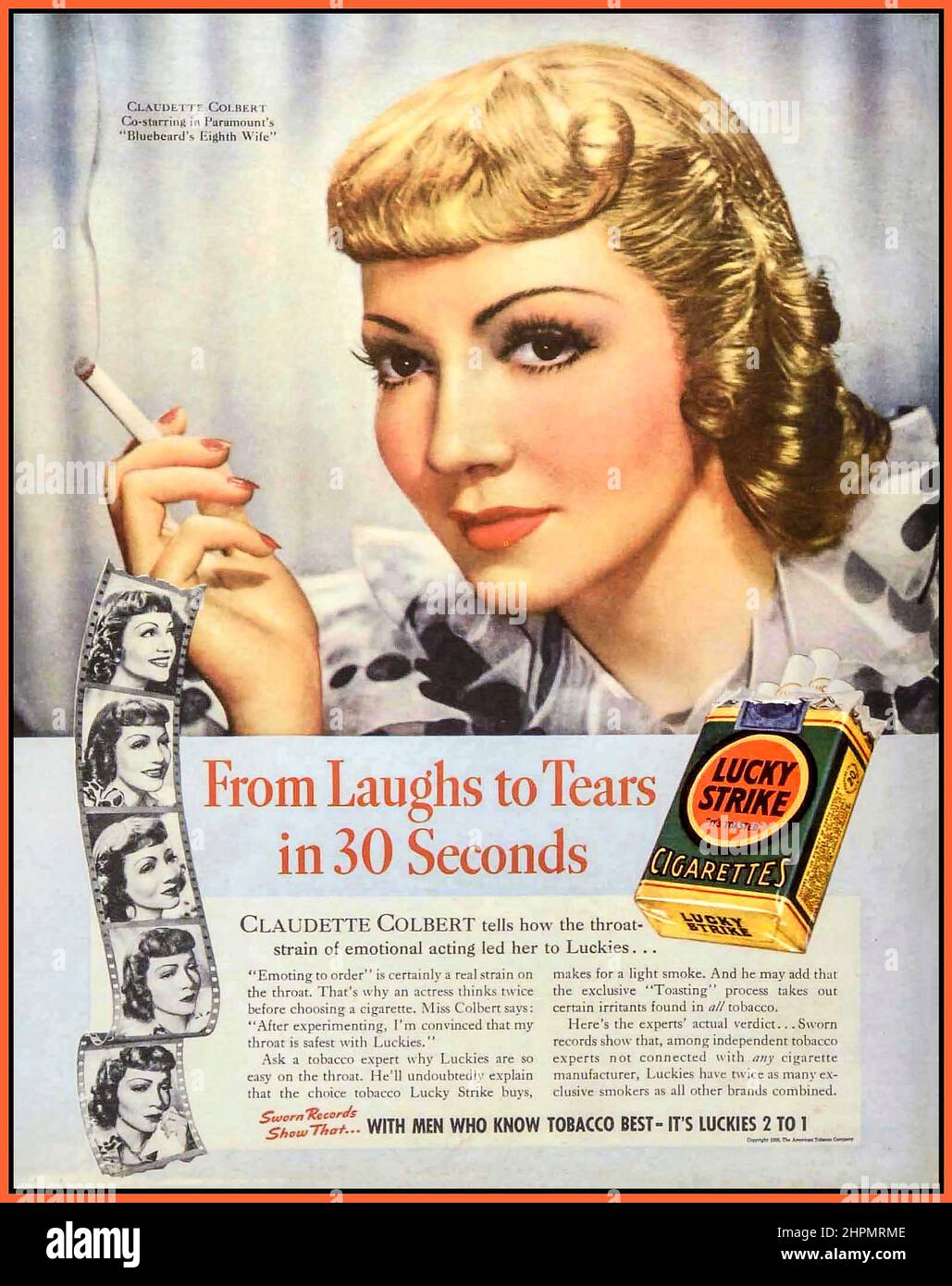 Cigarette Celebrity Endorsment 1938 by  Claudette Colbert for Lucky Strike cigarettes - 1938 Advertising Ads, Vintage Advertisements, Vintage Ads, Vintage Prints, Vintage Images, , Lucky Strike Cigarettes, Vintage Cigarette Ads, Claudette Colbert From Laughs to Tears in 30 Seconds, with men who know tobacco best- it's luckies 2 to 1 Stock Photo