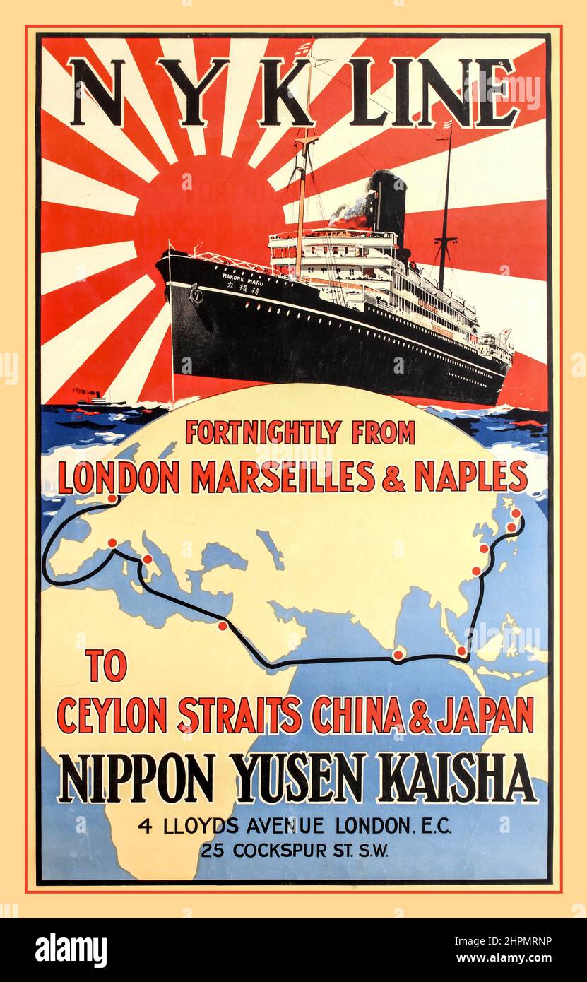 Vintage 1930s Japanese travel advertising poster for N Y K Line - Fortnightly from London Marseilles & Naples to Ceylon Straits China & Japan  - Nippon Yusen Kaisha, 4 Lloyds Avenue London EC. poster featuring the Hakone Maru (1921) N.Y.K. cruise liner sailing at sea  and the Rising Sun flag - the Naval Ensign of the Japanese Navy - filling the sky in the background with a world map marking the cruise route between London and Europe to India, China and Japan via the Suez Canal below  The Nippon Yusen Kaisha Company London Stock Photo